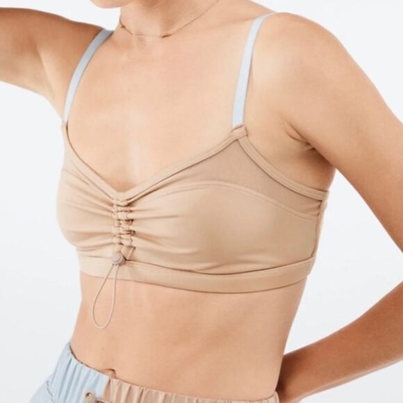 Fabletics Makayla Bra Low Impact Cinch Front Tan With Blue Straps Size L NWT - Picture 15 of 15